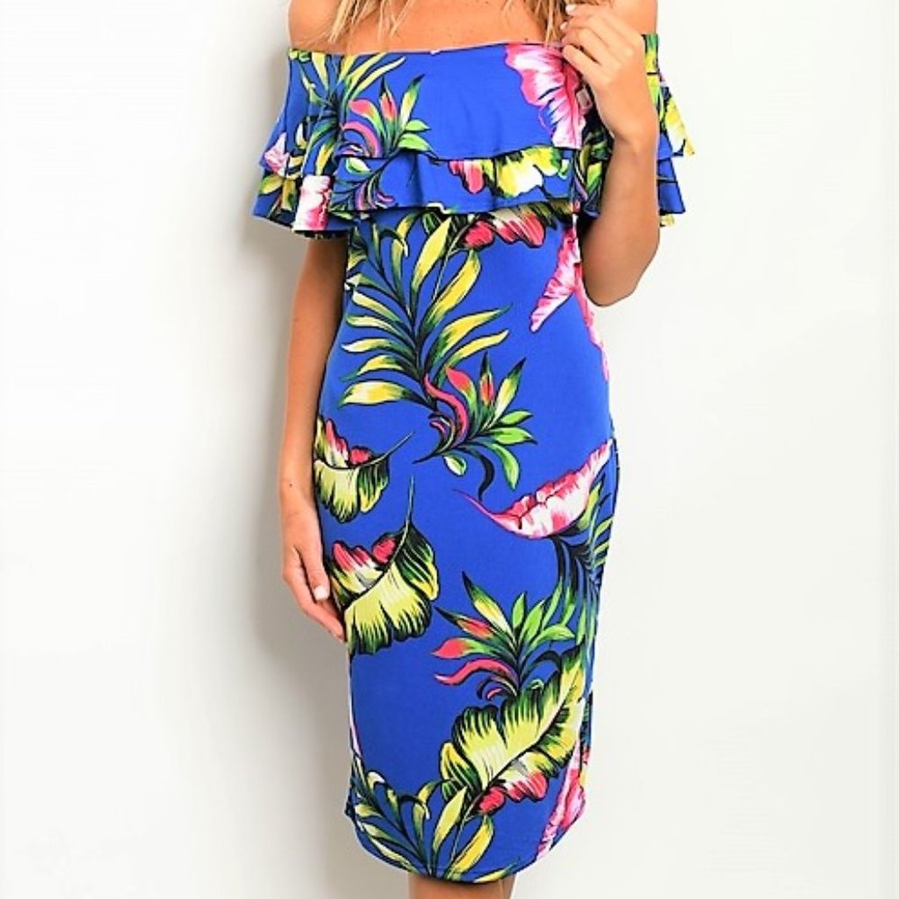 Leaf Print Blue Off Shoulder Knee Length Dress